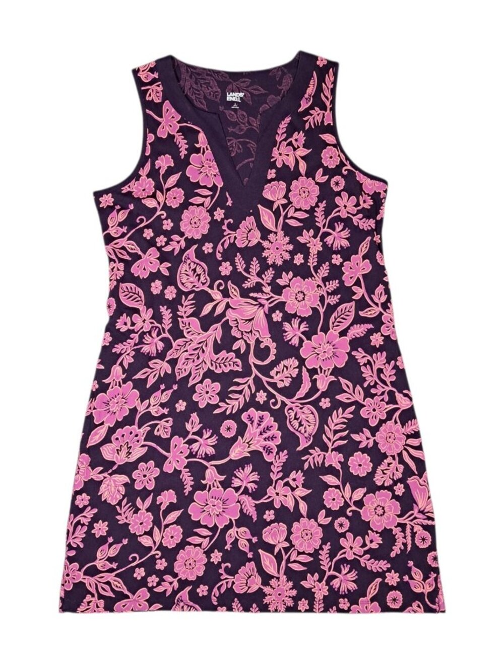 Lands End Floral Notched V-Neck Sleeveless Dress Large Purple Pink Casual Womens